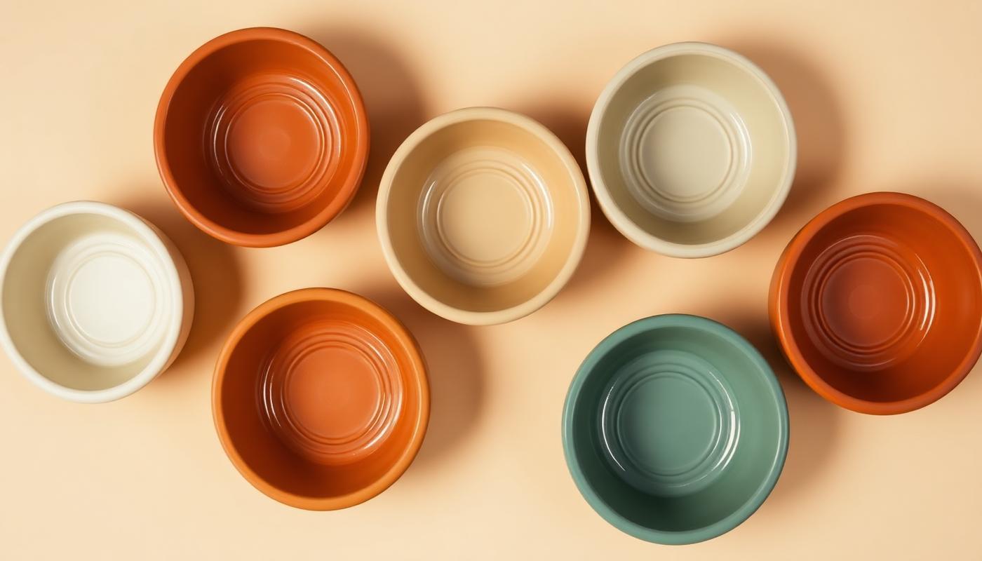 Selection of slow feeder dog bowls in orange, cream and green