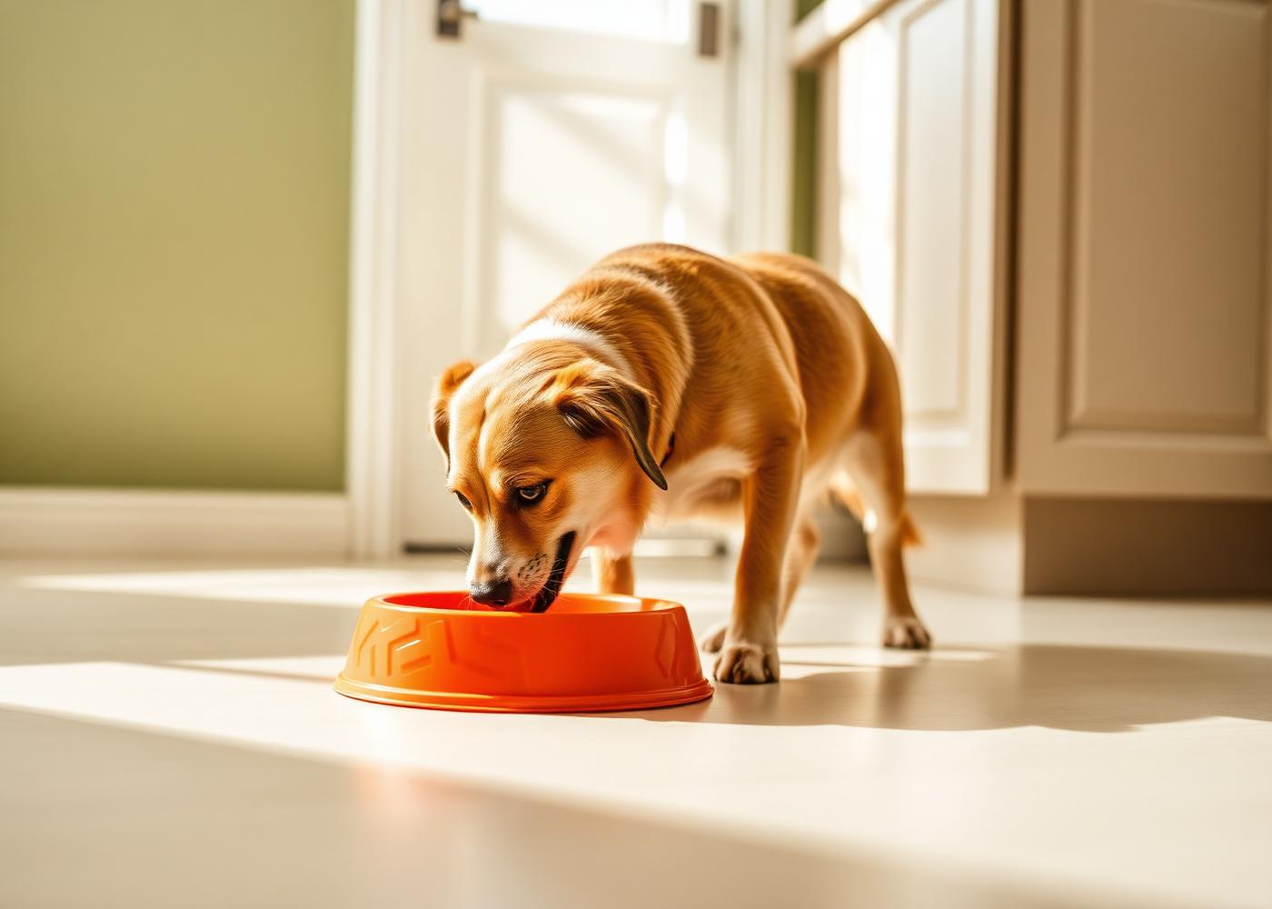 Dog eating from an orange maze-pattern slow feeder bowl